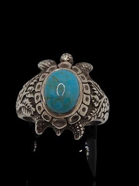Sterling Silver Turquoise Turtle Statement Ring Size 6 Handcrafted Style